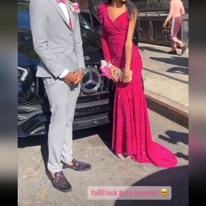 Asymmetrical Neck Sequin Prom Dress pink